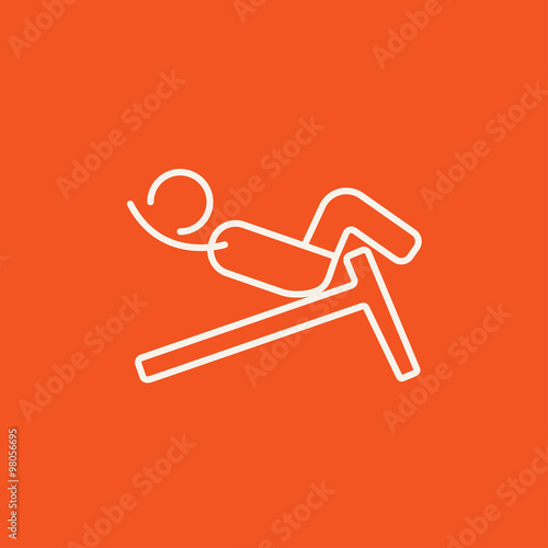 Man doing crunches on incline bench line icon.
