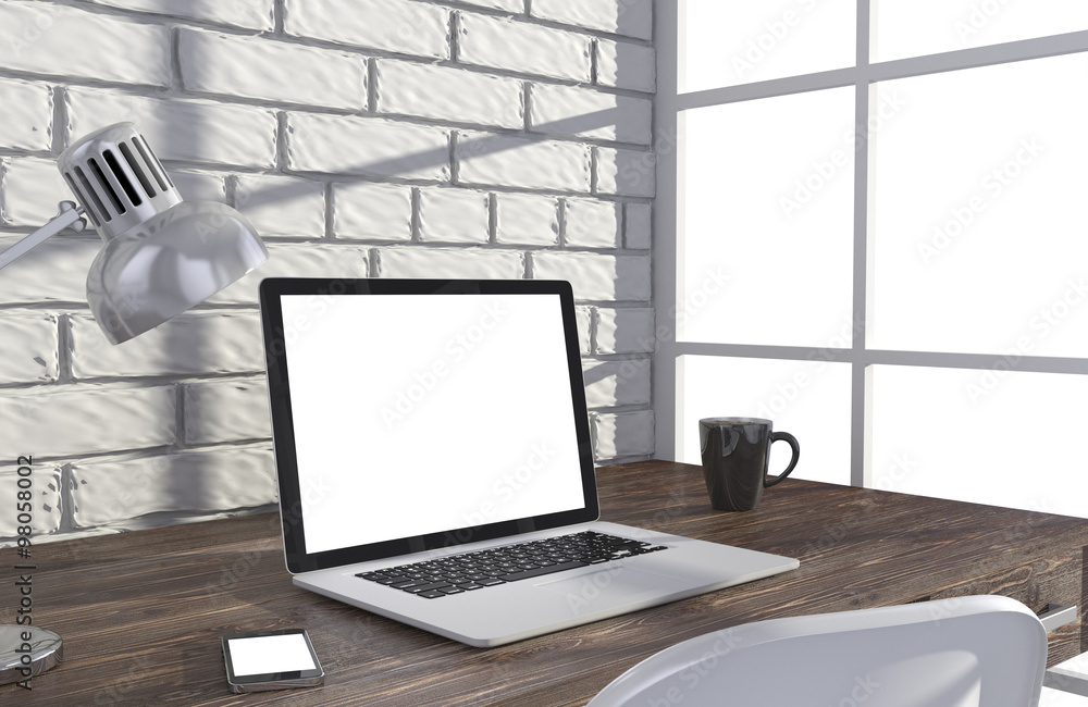 3D illustration laptop and work stuff on table near brick wall, Workspace 3D illustration laptop and work stuff on table near brick wall, Workspace