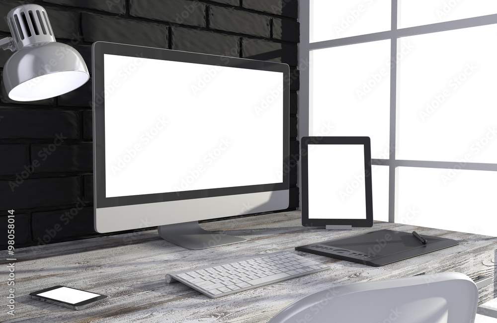 Fototapeta premium 3D illustration PC screen on table in office, Workspace