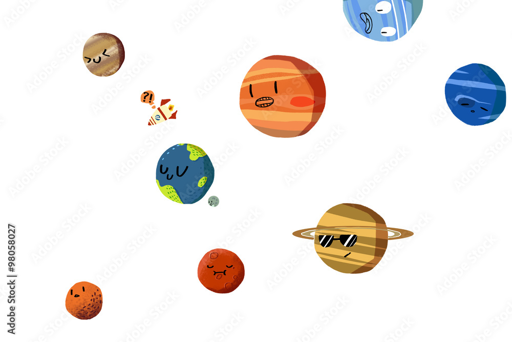 Illustration Sets: The Happy Planets in Solar System isolated. Realistic Fantastic Cartoon Style Artwork / Story / Scene / Wallpaper / Background / Card Design. Illustration Sets: The Happy Planets in Solar System isolated. Realistic Fantastic Cartoon Style Artwork / Story / Scene / Wallpaper / Background / Card Design.
