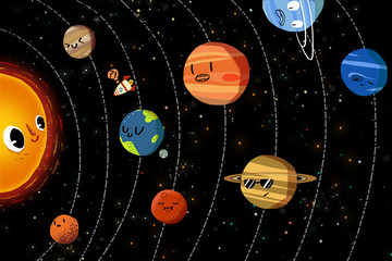 Gardinen Kinderzimmer Illustration für Kinder: Die glücklichen Planeten im Sonnensystem. Realistische fantastische Cartoon-Art-Grafik / Geschichte / Szene / Wallpaper / Hintergrund / Kartendesign.  © info@nextmars.com