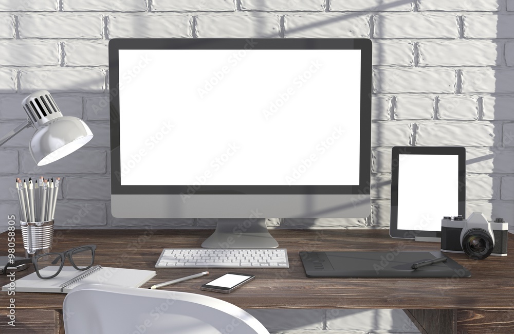 Fototapeta premium 3D illustration PC screen on table in office, Workspace