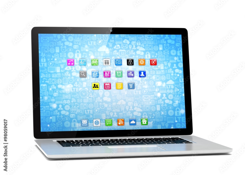 3d rendering of a laptop with blue wallpaper with app icon 3d rendering of a laptop with blue wallpaper with app icon