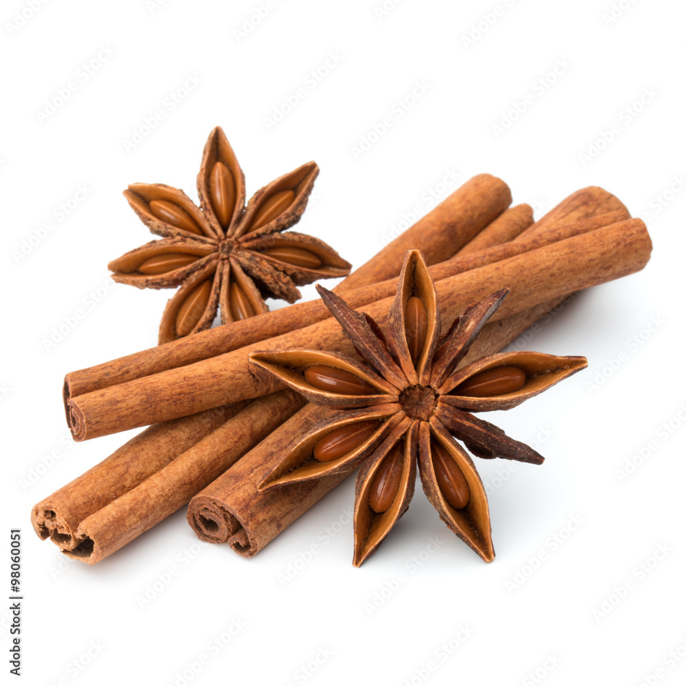 cinnamon stick and star anise spice isolated on white background cinnamon stick and star anise spice isolated on white background