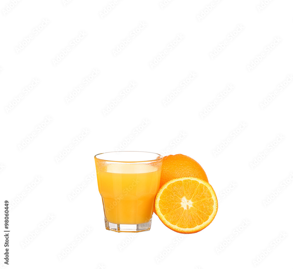 Orange juice and slices of orange isolated on white Orange juice and slices of orange isolated on white