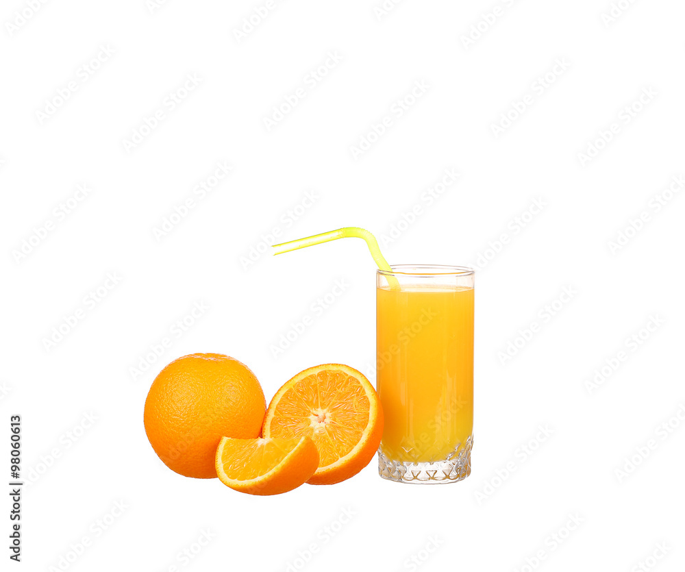 Orange juice and slices of orange isolated on white Orange juice and slices of orange isolated on white