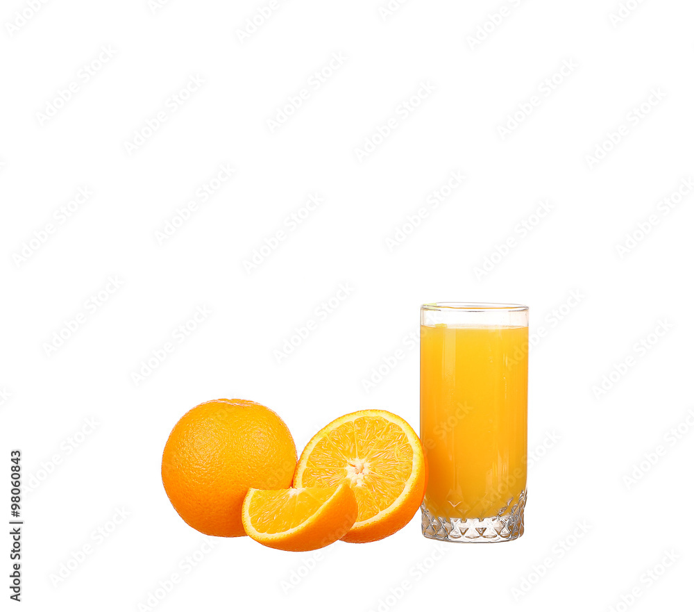 Orange juice and slices of orange isolated on white Orange juice and slices of orange isolated on white
