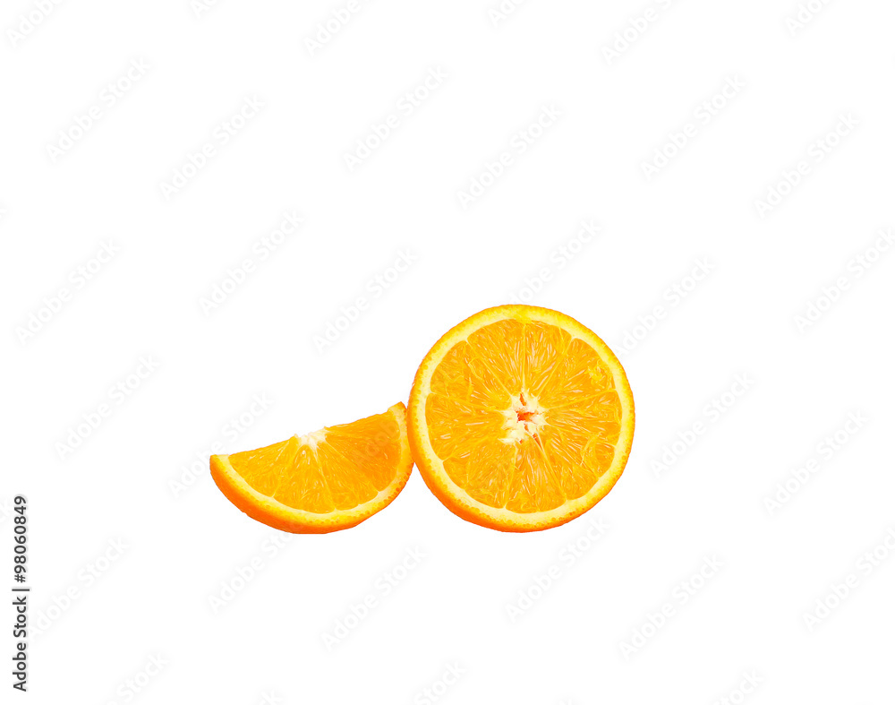 Orange fruit half and two segments or cantles isolated on white background cutout Orange fruit half and two segments or cantles isolated on white background cutout