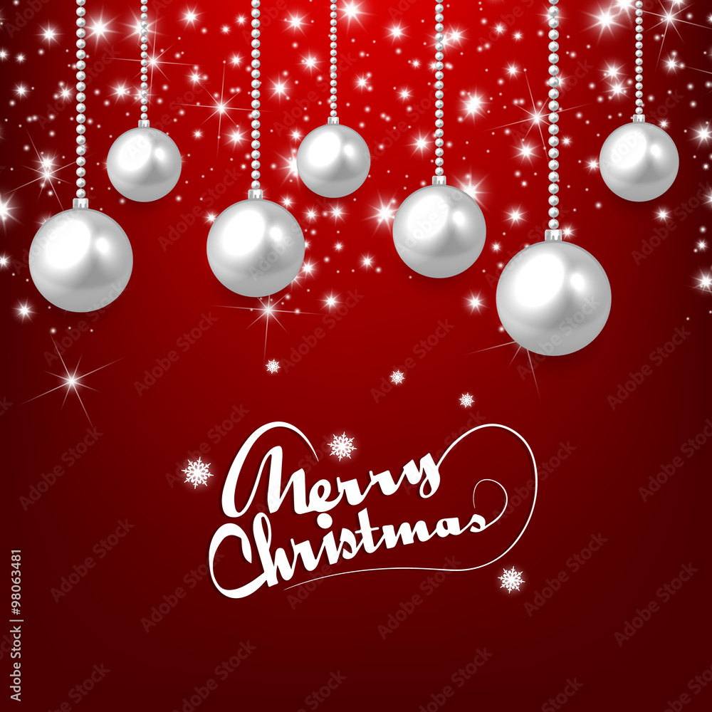 Set of silver Christmas balls on red background. Vector illustration.
