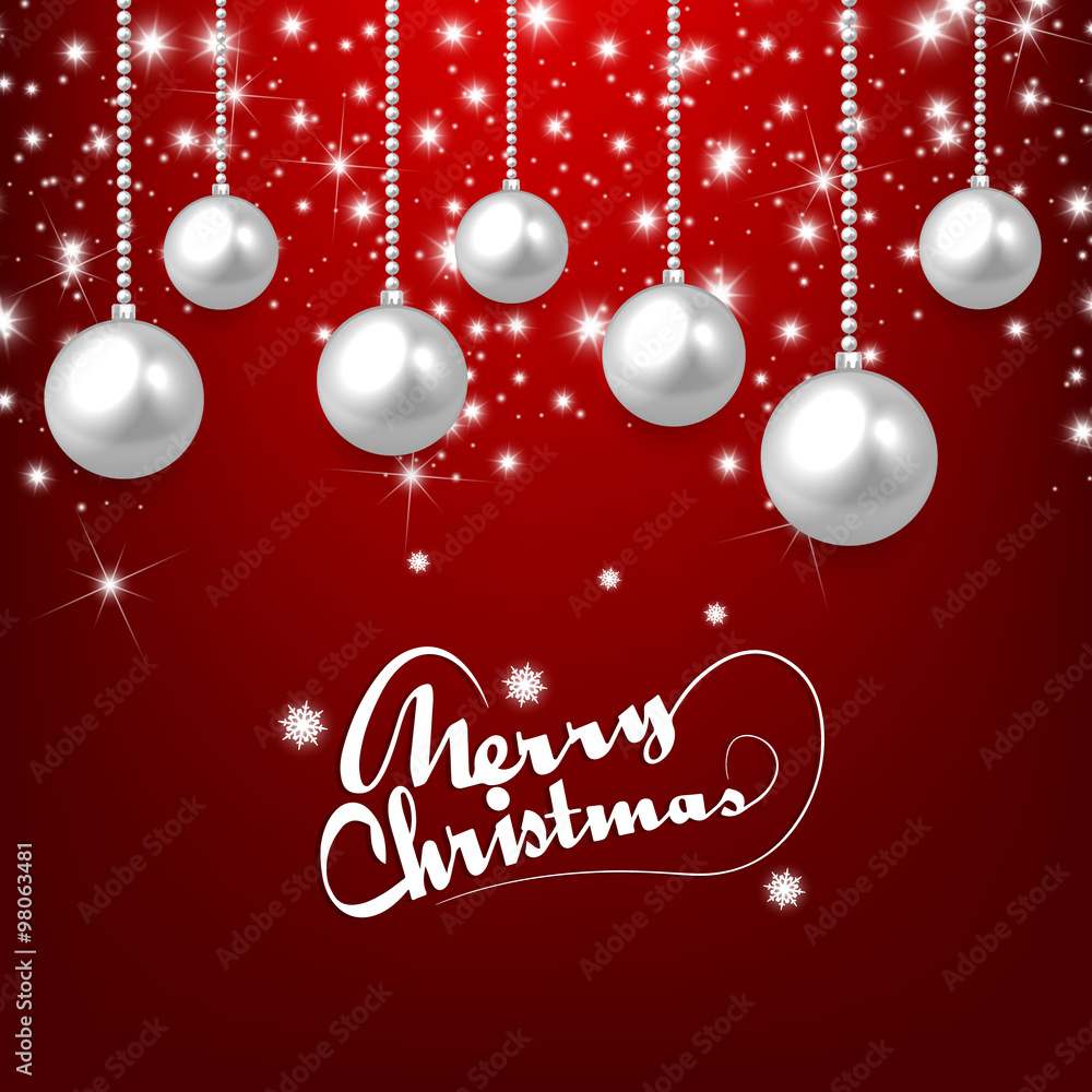 Naklejka premium Set of silver Christmas balls on red background. Vector illustration.