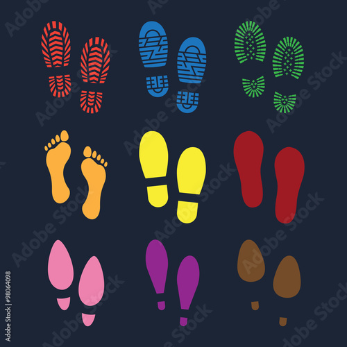 Set of footprints and shoes, vector