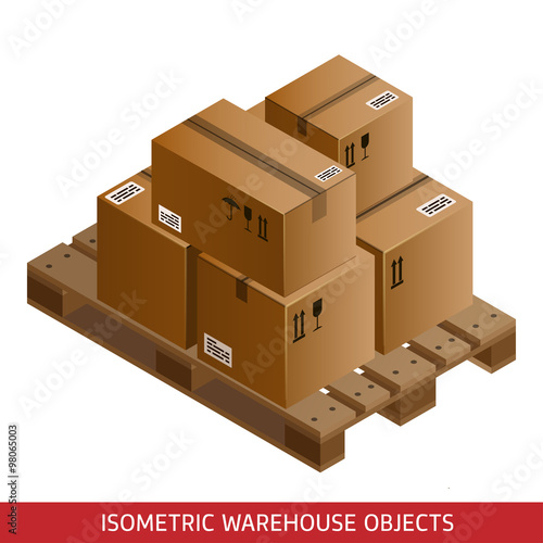 Set of isometric cardboard boxes and pallet. 3D warehouse equipment. Industrial pallets and boxes for warehouse. Isometric packages.