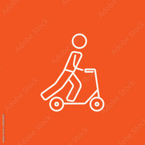 Man riding kick scooter line icon.