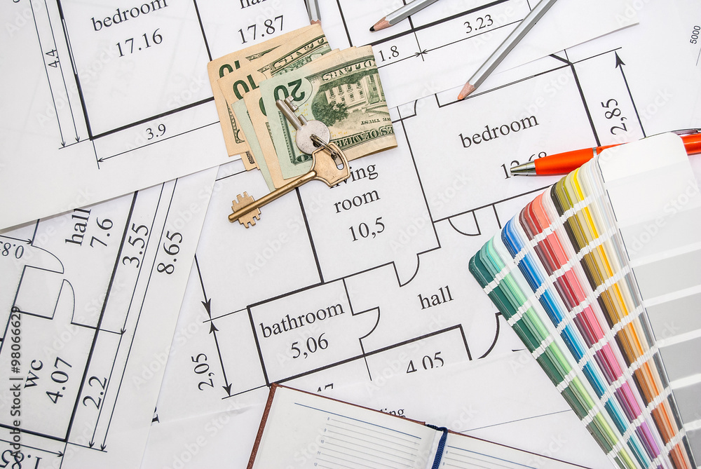 Projects of houses with color palette, pencils, dollar Projects of houses with color palette, pencils, dollar