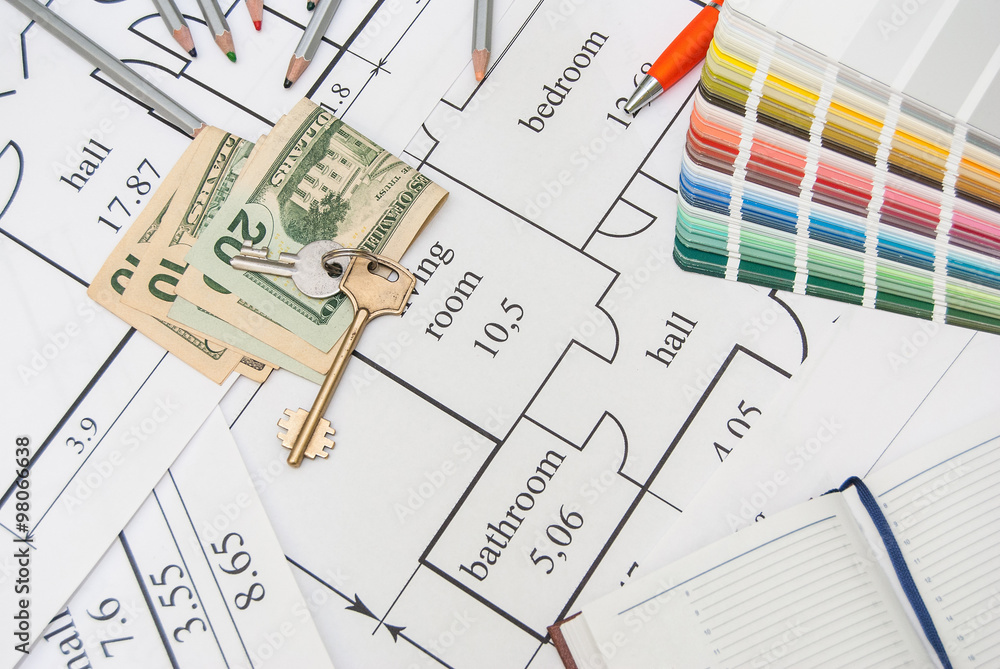 Projects of houses with color palette, pencils, dollar Projects of houses with color palette, pencils, dollar