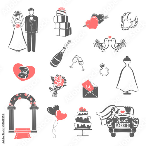 Wedding concept black red icons set
