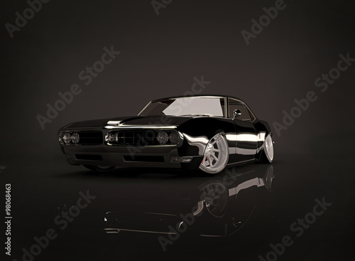 Black tuned muscle car on black background