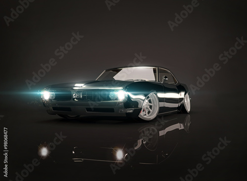 Black tuned muscle car on black background © medvedsky_kz