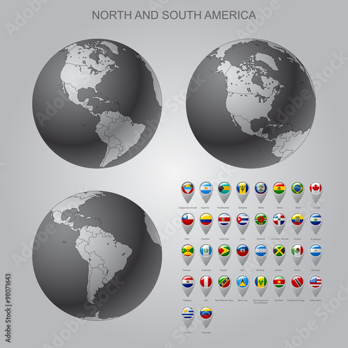 Map marker with flags North and South America with globe set