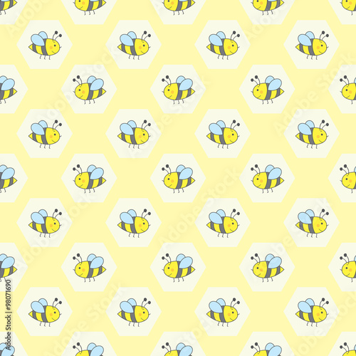 vector seamless pattern with bees on honeycomb background