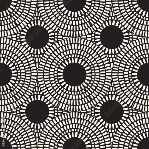 Vector Seamless Black And White Radial Pavement Mosaic Overlapping Tiles Pattern