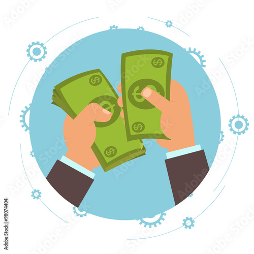 vector illustration of a first-person businessman counts money. profit. earned money.