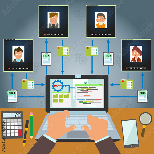 Remote control staff and project management. Remote business management concept. distant work with freelancers on a joint project.infographics. vector.