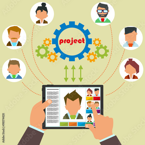 Remote control staff and project management. Remote business management concept with a businessman holding a tablet. vector.