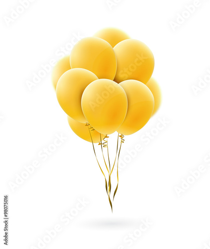 Birthday greeting card with yellow balloons isolated on white background.