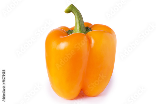 yellow, orange sweet bell pepper with a green stem