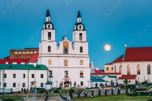 Moonrise over Cathedral Of Holy Spirit In Minsk, Belarus