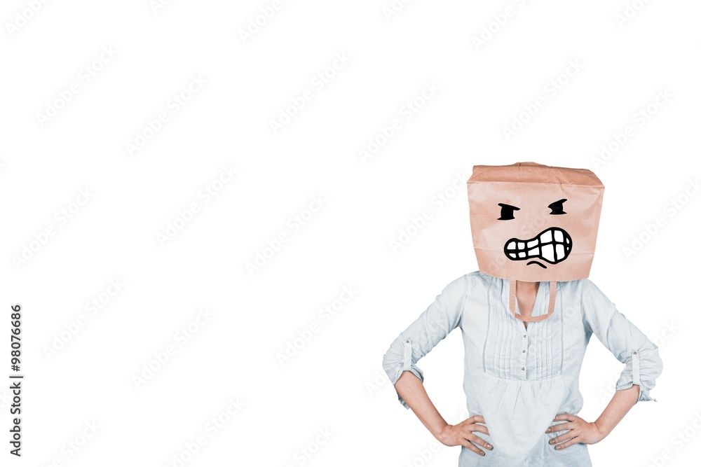 Composite image of woman covering head with brown paper bag Composite image of woman covering head with brown paper bag