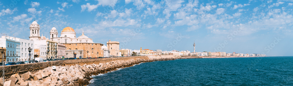Panorama of Cadiz Cathedral and old town cityscape