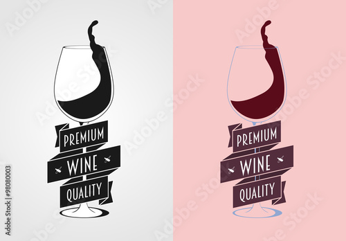 Vector wine label, badge or logo concept with wine glass. Monochrome and color.