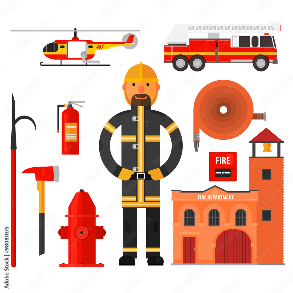 Firefighting character Flat style. Elements for infographic. Firefighting character Flat style. Elements for infographic.