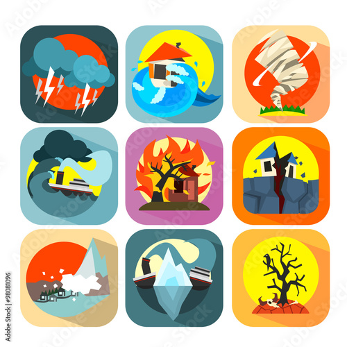 Natural disaster catastrophe and crisis flat set vector