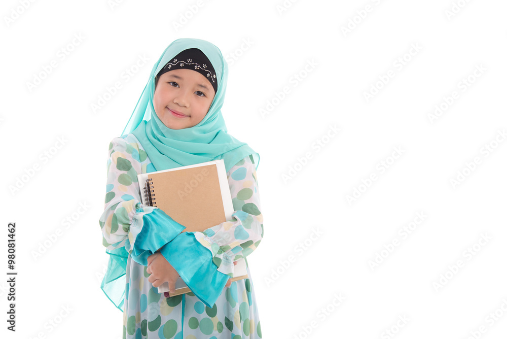 Asian muslim student holding books on white background isolated Asian muslim student holding books on white background isolated