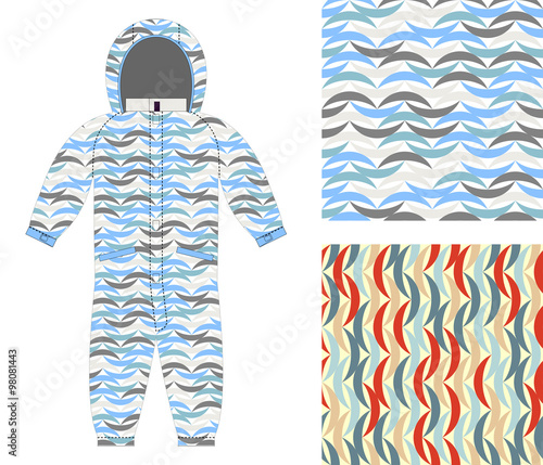 Childrens clothing coverall of an abstract pattern. Set of seaml