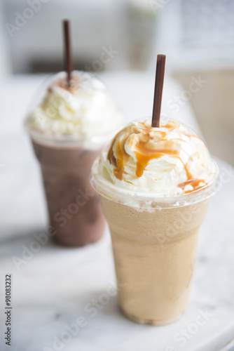 ice chocolate and caramel frappe in the takeaway plastic cup