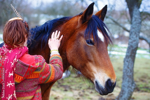 portrait woman and horse in outdoor