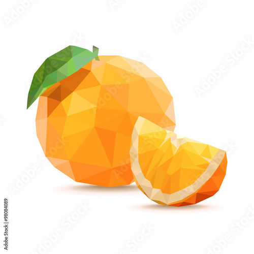 Orange and slice. Low poly vector illustration, isolated on a white background.