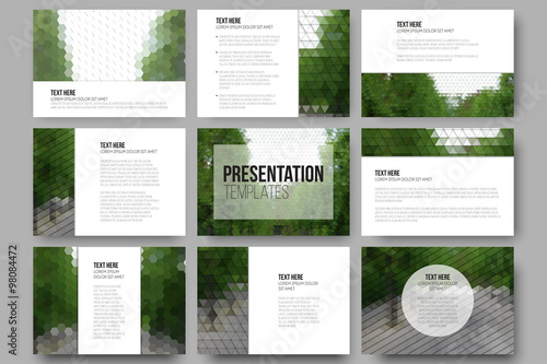 Set of 9 templates for presentation slides. Park landscape. Abstract multicolored backgrounds. Natural geometrical patterns. Triangular and hexagonal style