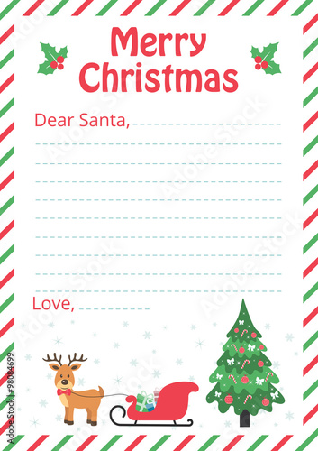letter to santa with christmas trees and deer and sleigh