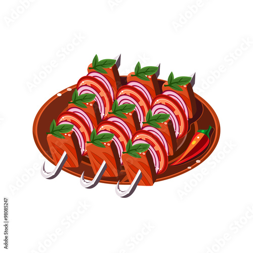 Meat Pieces and Vegetables on a Spit Served Food. Vector Illustration