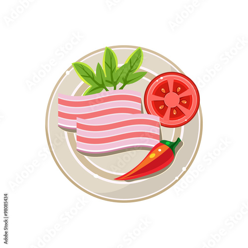 Lard, Pepper and Tomato Served Food. Vector Illustration