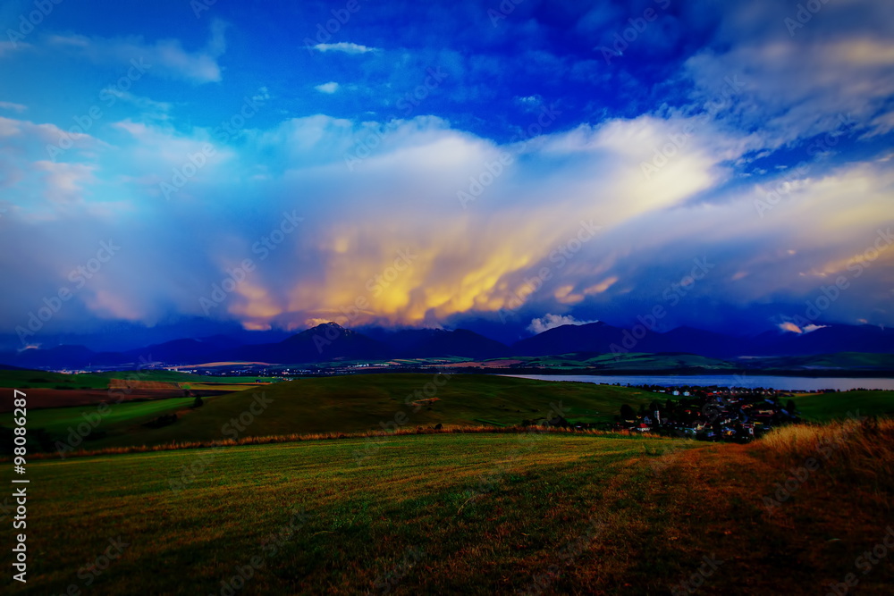 Beautiful landscape, lake and mountain with beautiful sky. Slovakia, Central Europe