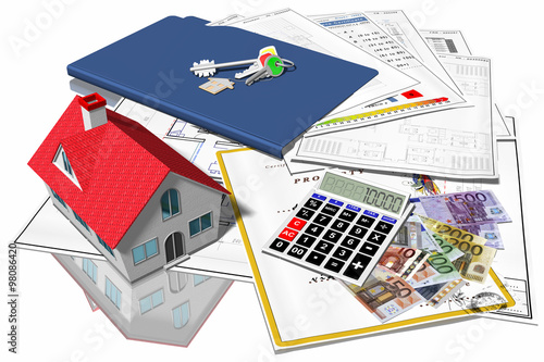 Home_005
Casa affiancata a calcolatrice, documenti, denaro, chiavi a simboleggiare l'acquisto, la vendita, la proprietà di un immobile.
 photo