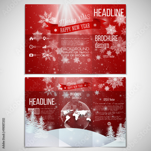 Vector set of tri-fold brochure design template on both sides with world globe element. Merry Christmas and happy New Year vector background