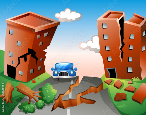 Earthquake scene at the town