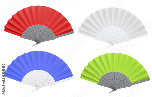 Set of different colors open hand fan. 3d.